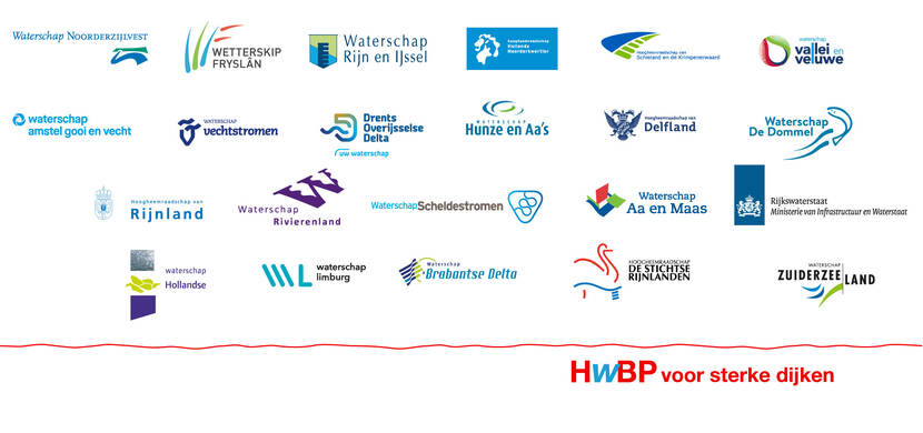 Logo's van alle waterschappen, Rijkswaterstaat, Unie van Waterschappen en HWBP